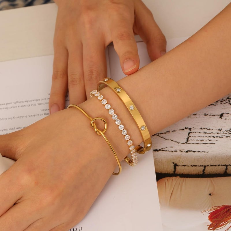 FAFUGA 18 K Gold Plated Love Bangle Bracelet Stack Cuff Jewelry for Women Jewelry Set for Women Gift with Box - Image 3